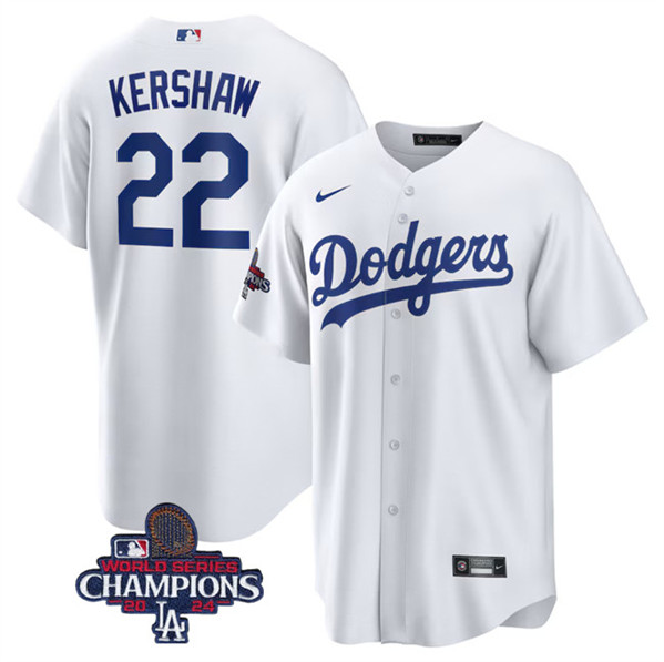 Los Angeles Dodgers #22 Clayton Kershaw White 2024 World Series Champions Home Stitched Jersey